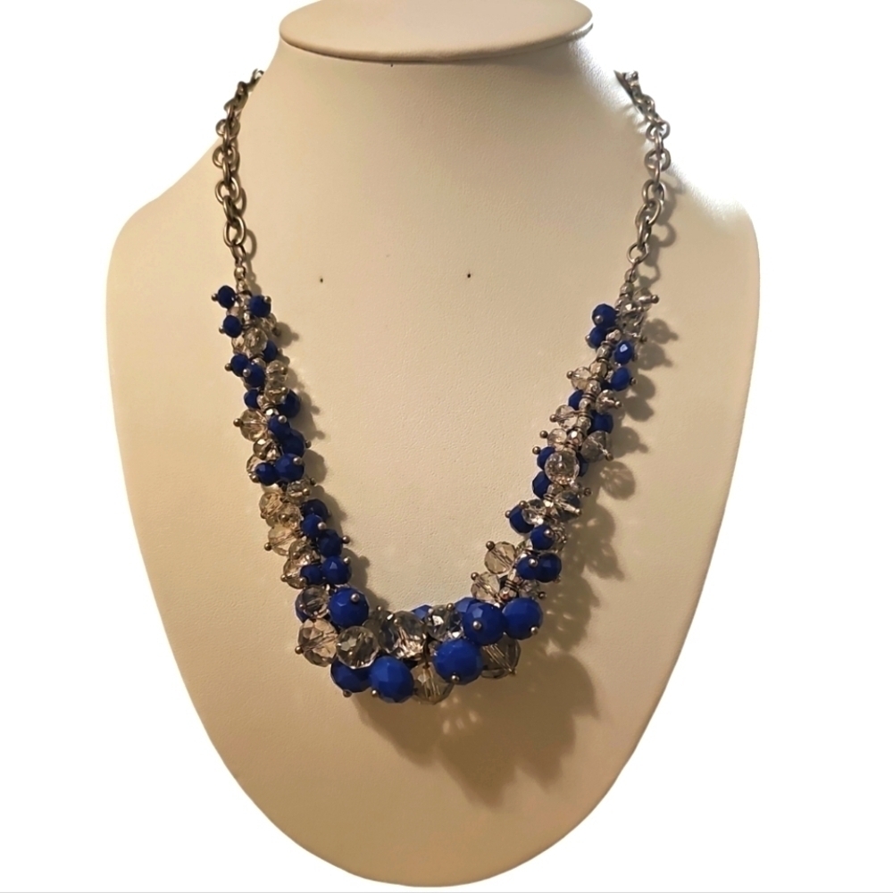 Vera Wang Necklace - silver tone with blue & clear faceted cluster beads